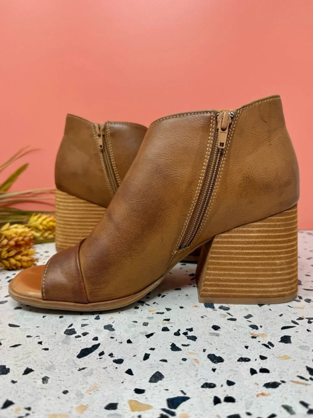 Kork-Ease Panela Tan Cognac Chunky Heel Peep Toe Women’s Booties Sz 10